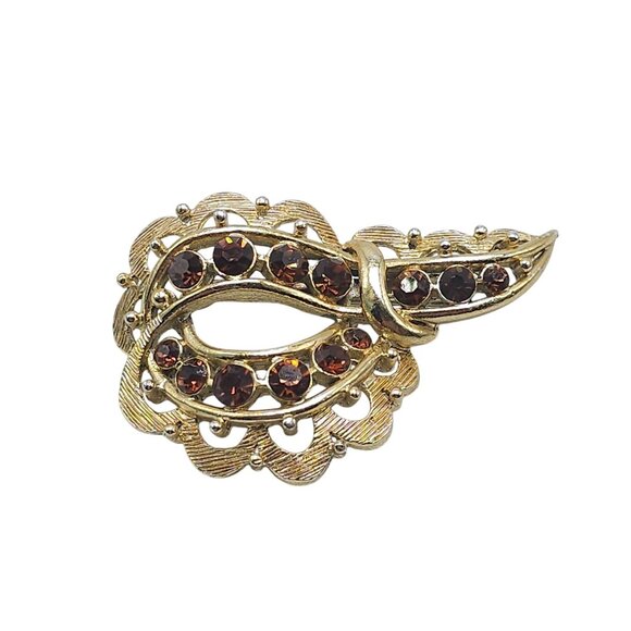 Vintage Gold Tone Brooch With Brown Topaz Rhinestones Leaf Design - Picture 1 of 4